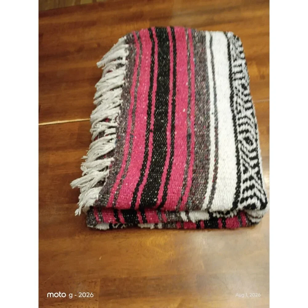 Southwestern Woven Serape Blanket Pink Black White Fringe Boho Camping Blanket